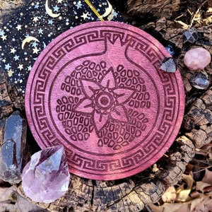 6" Persephone Wooden Crystal Grid Board, Pomegranate Daffodil Evil Eye, Persephone Altar, Greek Pagan Altar Tile, Altar Decor, Witchy Gift