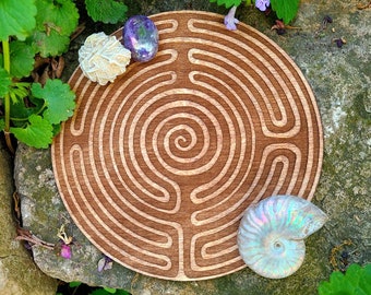 6" Labyrinth Crystal Grid Board,  Lasercut Birch Wood, Meditation Maze, Hellenic Pagan, Ariadne Altar Tile Plate, Witch Decor, Witchy Gift