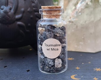 Black Tourmaline Chips, 1.5 oz Gemstone Chips in Corked Glass Bottle, Rough Tourmaline, Undrilled Crystal Chips, Spell Jar Stones, Mini Gems