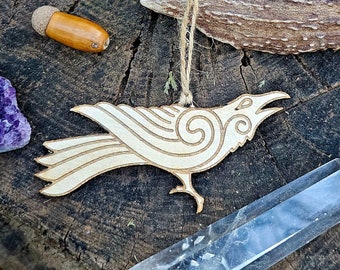 Celtic Crow Wood Ornament, Raven Christmas Ornament, Morrigan Crow Decor, Yule Tree Pagan Decor, Witchy Christmas Ornament, Crow Charm