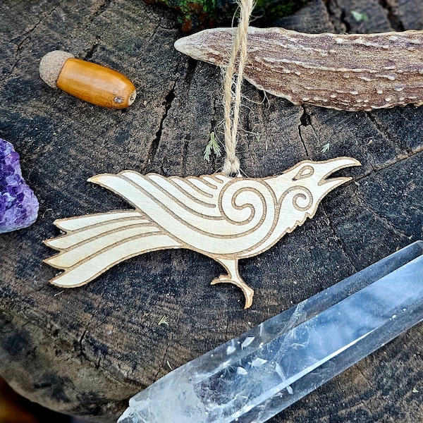 Celtic Crow Wood Ornament, Raven Christmas Ornament, Morrigan Crow Decor, Yule Tree Pagan Decor, Witchy Christmas Ornament, Crow Charm