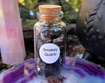 Smokey Quartz Chips, 1.5 oz Gemstone Chips in Corked Glass Bottle, Polished Tumbled Smoky Quartz, Undrilled Crystal Chips, Mini Gems