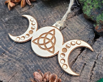 Triple Moon Triquetra Ornament,  Lasercut Birch, Witchy Decor,  Pagan Yule Tree Ornament, Rustic Triple Goddess Charm, Hecate Moon Phase
