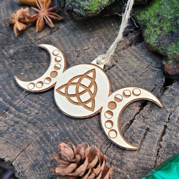 Triple Moon Triquetra Ornament,  Lasercut Birch, Witchy Decor,  Pagan Yule Tree Ornament, Rustic Triple Goddess Charm, Hecate Moon Phase