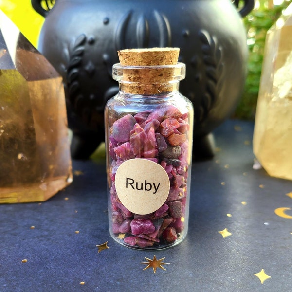 Rough Ruby Chips, 1.5 oz Gemstone Chips Corked Glass Bottle, Raw Ruby Stones, Undrilled Crystal Chips, Spell Jar Stones, Mini Gems