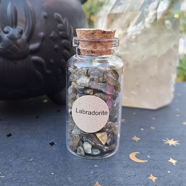 Labradorite Chips, 1.5 oz Gemstone Chips in Corked Glass Bottle, Tumbled Mini Gems, Undrilled Crystal Chips, Spell Jar Stones, Raw Lab Stone