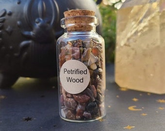 Petrified Wood Chips, 1.5 oz Gemstone Chips in Corked Glass Bottle, Tumbled Fossilized Wood, Undrilled Crystal Chips, Spell Jar Stones