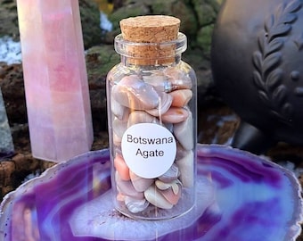 Botswana Agate Mini Tumbles, 1.5 oz Gemstone Chips in Corked Glass Bottle, Pink & Grey Botswana Agate, Undrilled Crystal Chips, Mini Gems