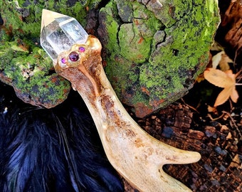 Quartz and Antler Wand w/ Garnet & Swarovski Crystal, Magic Wand, Fairy Wand, Altar Decor, Fairy Witch Vibes, Witchcraft Tool, Witchy Gift