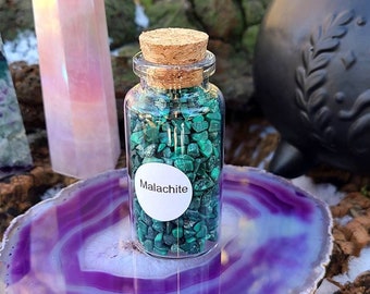 Malachite Chips, 1.5 oz Gemstone Chips in Corked Glass Bottle, Small Rough Malachite, Undrilled Crystal Chips, Spell Jar Stones, Mini Gems