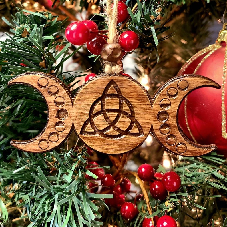 Triple Moon Triquetra Ornament, Lasercut Birch, Witchy Decor, Pagan Yule Tree Ornament, Rustic Triple Goddess Charm, Hecate Moon Phase image 6