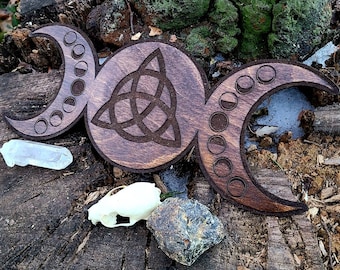 12" Triple Moon Crystal Grid Board, Lasercut Birch, Triple Goddess Art, Moon Phase Decor, Hecate Altar Plate, Triquetra Decor, Witchy Gift