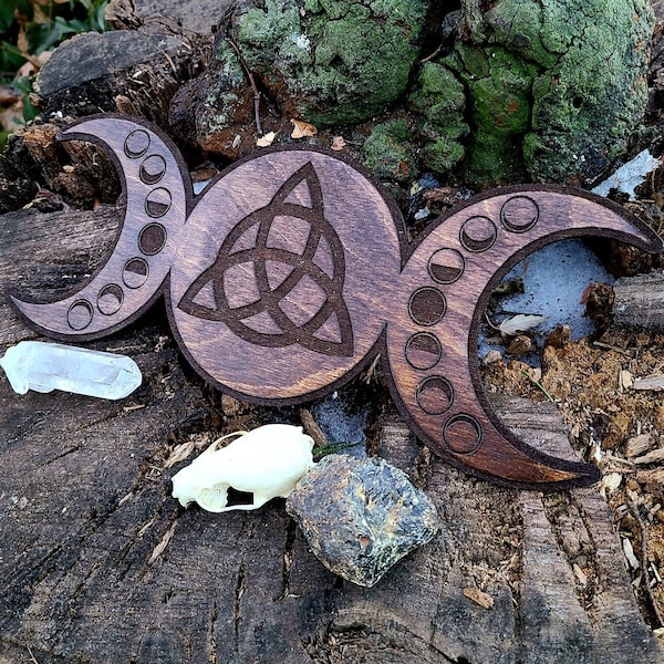 12" Triple Moon Crystal Grid Board, Lasercut Birch, Triple Goddess Art, Moon Phase Decor, Hecate Altar Plate, Triquetra Decor, Witchy Gift