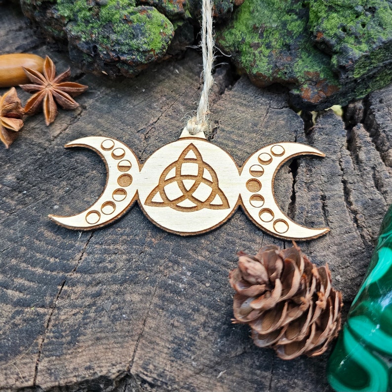 Triple Moon Triquetra Ornament, Lasercut Birch, Witchy Decor, Pagan Yule Tree Ornament, Rustic Triple Goddess Charm, Hecate Moon Phase image 2