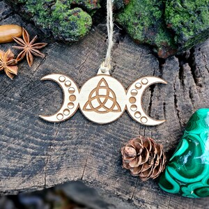 Triple Moon Triquetra Ornament, Lasercut Birch, Witchy Decor, Pagan Yule Tree Ornament, Rustic Triple Goddess Charm, Hecate Moon Phase image 4