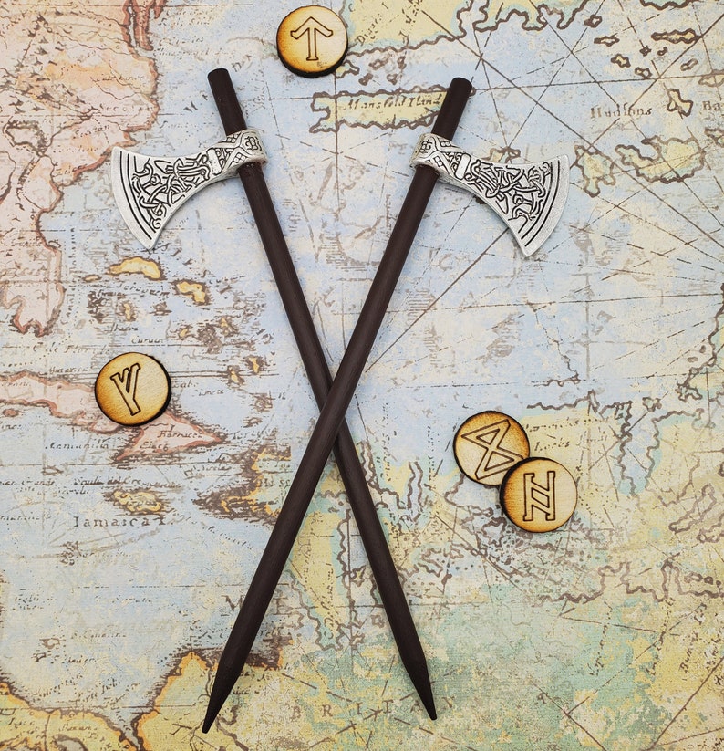 Viking Axe Hairstick, Single or Pair Wood Axe Hair Sticks, Norse Celtic Axe, Medieval Renaissance Hair Accessory, Hair Decor, LARP Accessory image 6