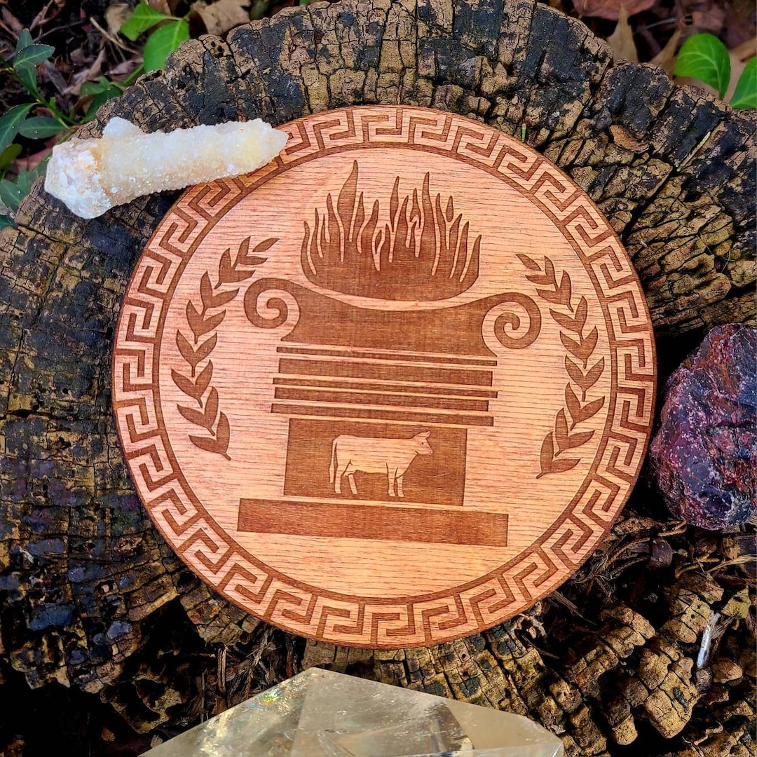 6 Hestia Wooden Crystal Grid Board, Hearth Flame Symbol & Cow, Hestia