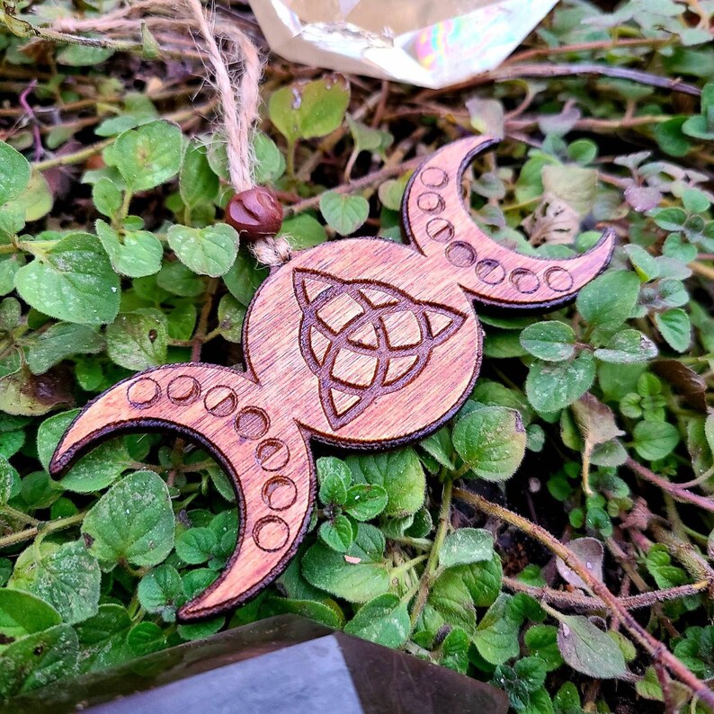 Triple Moon Triquetra Ornament, Lasercut Birch, Witchy Decor, Pagan Yule Tree Ornament, Rustic Triple Goddess Charm, Hecate Moon Phase image 5