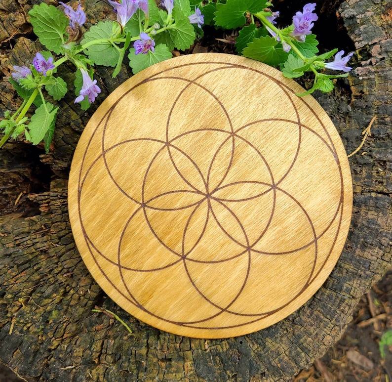 Peut inclure: Un objet d&eacute;coratif rond en bois clair, orn&eacute; d'un motif de Fleur de Vie grav&eacute; au laser en brun fonc&eacute;. Le bois clair contraste avec les lignes grav&eacute;es. Pos&eacute; sur une souche d'arbre vieillie, avec des fleurs violettes et des feuilles vertes.