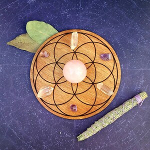 Peut inclure: Un support en bois pour cristaux avec un motif g&eacute;om&eacute;trique noir, contenant une sph&egrave;re rose, des cristaux de quartz clair et des pierres d'am&eacute;thyste. Un paquet de sauge et des feuilles de laurier sont &eacute;galement pr&eacute;sents. Le fond est une surface bleu fonc&eacute; avec un motif d'&eacute;toiles.
