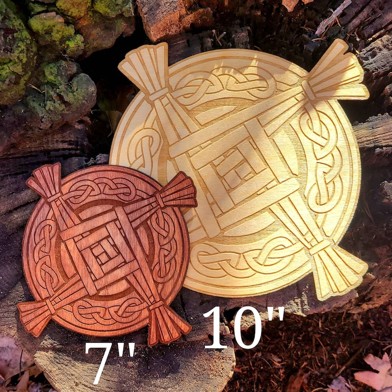 May include: Two wooden Celtic knot designs, one in natural wood and one in a reddish brown wood. The larger design is 10 inches in diameter and the smaller design is 7 inches in diameter.