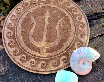 6" Poseidon's Trident Crystal Grid Board, Lasercut Birch Wood, Neptune Altar Tile,  Poseidon Altar Decor, Greek God, Trident Wall Art