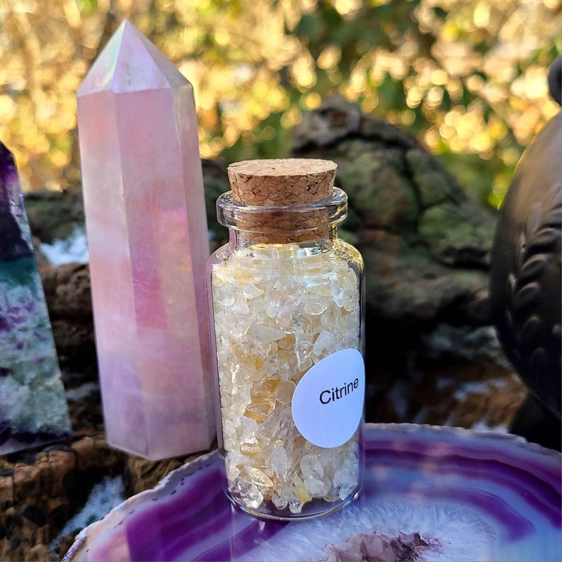 Citrine Chips, 1.5 oz Gemstone Chips in Corked Glass Bottle, Heat Treated Amethyst, Citrine Sand, Undrilled Crystal Chips, Mini Gems image 3