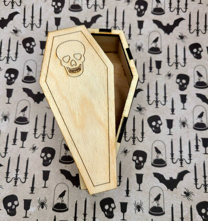 Coffin & Skull Stash Box  Birch Laser Engraved Lasercut image 1