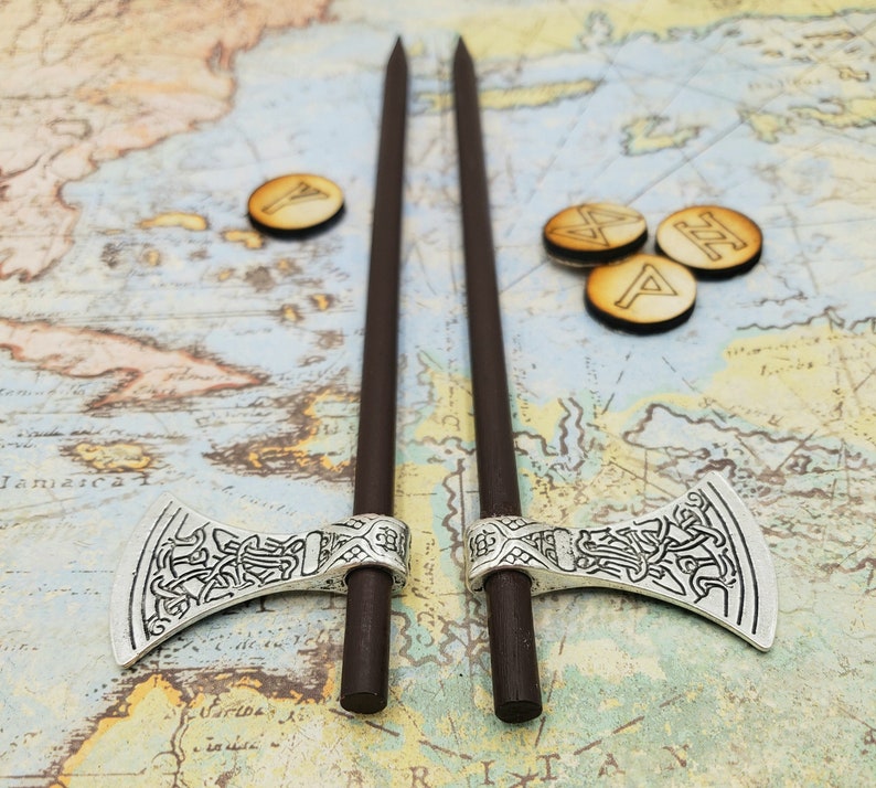 Viking Axe Hairstick, Single or Pair Wood Axe Hair Sticks, Norse Celtic Axe, Medieval Renaissance Hair Accessory, Hair Decor, LARP Accessory image 7