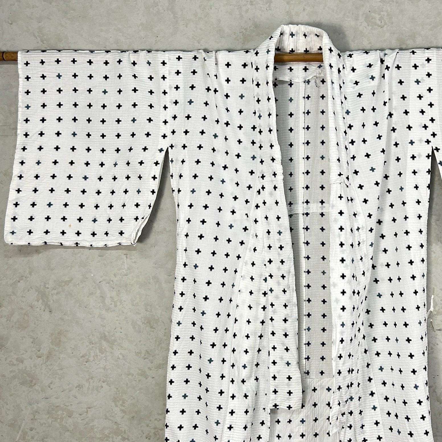 Vintage Ladie's Yukata Plus Mark Design/Kimono/Cotton Robe/Vintage Japanese/Female Dressing Gown/Blue White/Japanese Textile/Free Shipping