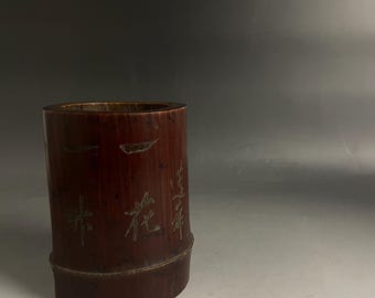 大きなアンティークの日本の竹製生け花花瓶 - 彫刻的な天然の古竹製