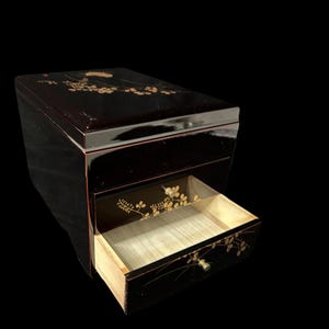 Coffre à tiroirs en laque japonaise vintage noir avec fleurs et 2 oiseaux/boîte aux lettres/Suzuribako/étui de calligraphie/livraison gratuite