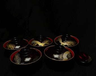 Set di 5 ciotole in legno laccato vintage giapponese con motivo a pino/regalo/lacca/legno/design tradizionale/urushi/prodotto in Giappone