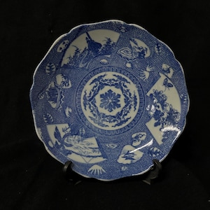 10.2inch Antique Imari Sometuske Big Plate/Blue dyed dish/Pottery/Cloud,Bird,Shell and Flower Motif/Japan blue/Japanese Vintage