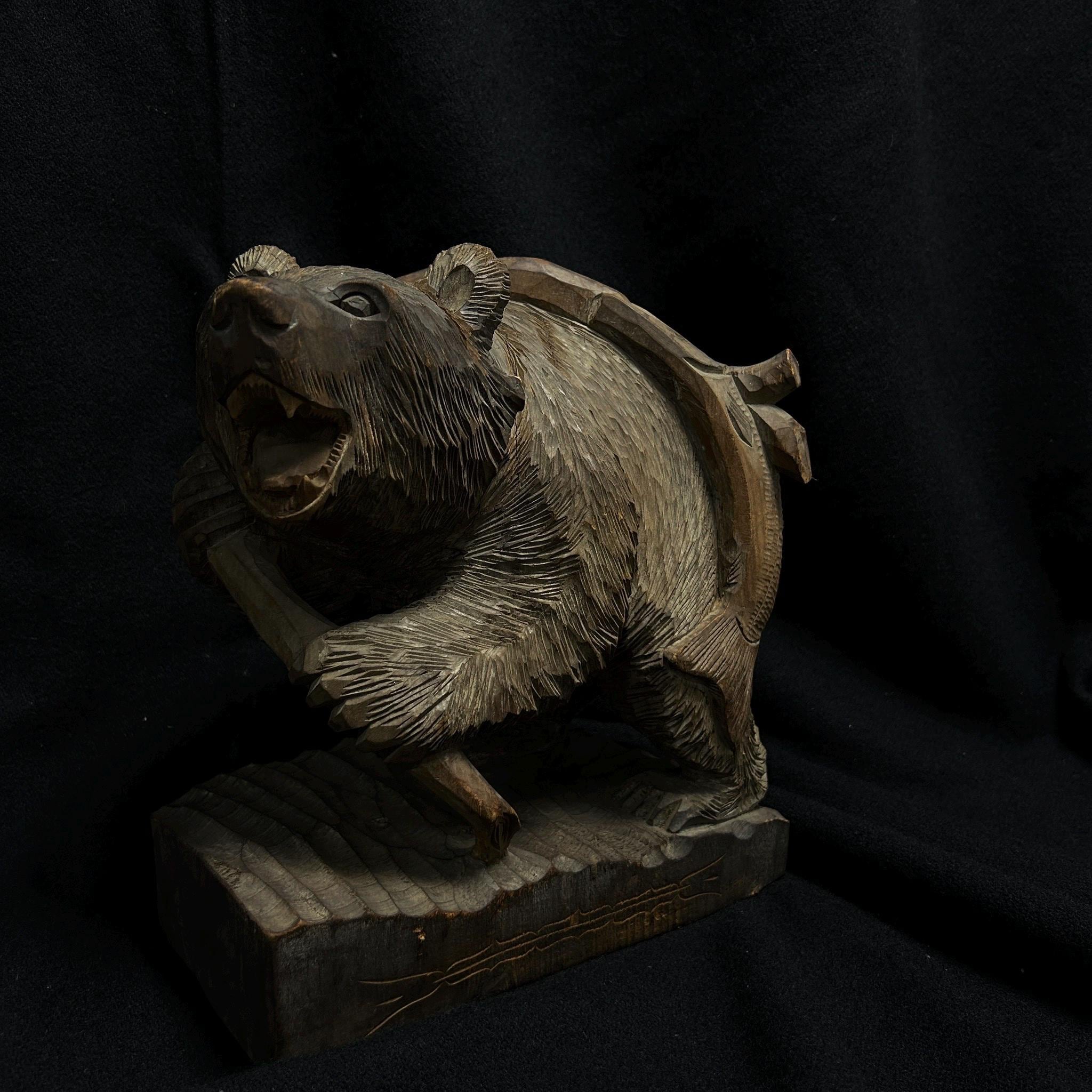 Carved wood bear with fish - Etsy 日本
