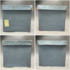 K&ouml;nnte beinhalten: Vier Ansichten einer quadratischen, blauen Box mit Deckel. Die Box hat eine strukturierte Oberfl&auml;che und ein Etikett auf einer Seite. Die Box scheint aus Papier oder Pappe zu bestehen. Die Box ist wahrscheinlich f&uuml;r die Aufbewahrung oder Verpackung bestimmt.