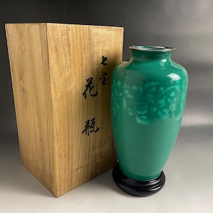 Japanese Vintage Cloisonne Green Flower Vase with Wood Box/Antique vase/Shippo/Free Shipping