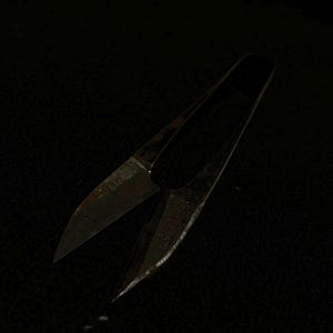 以下が含まれることがあります： U字型のスプリングハンドルと2枚の鋭い尖った刃を備えたダークメタルの糸切りばさみ。金属の表面には酸化や摩耗の跡が見られ、2枚の刃をつなぐピボットポイントがはっきりと確認できます。全体的に暗い色調で、実用的な形状をしています。