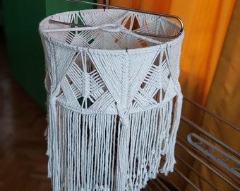 Off-white macrame lamp shade with asymmetrical fringes