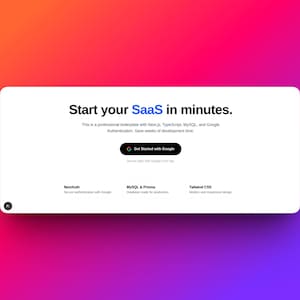 Puede incluir: Un gráfico rectangular blanco sobre un fondo degradado de rojo, naranja y morado. El texto dice "Start your SaaS in minutes." Debajo, dice "Get Started with Google." El texto adicional incluye "NextAuth", "MySQL & Prisma" y "Tailwind CSS."