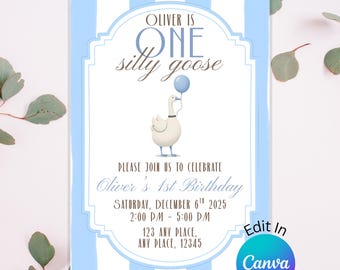 Blue Silly Goose 1st Birthday Invitation | Editable Template (Digital Download)