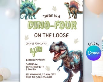 Dinosaur Boy 4th Birthday Invitation  Editable Printable “DINO-FOUR” Birthday Template