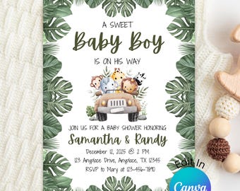 Invitación para Baby Shower de Safari para Niño / Animales de la Selva en Acuarela (Descarga Instantánea)