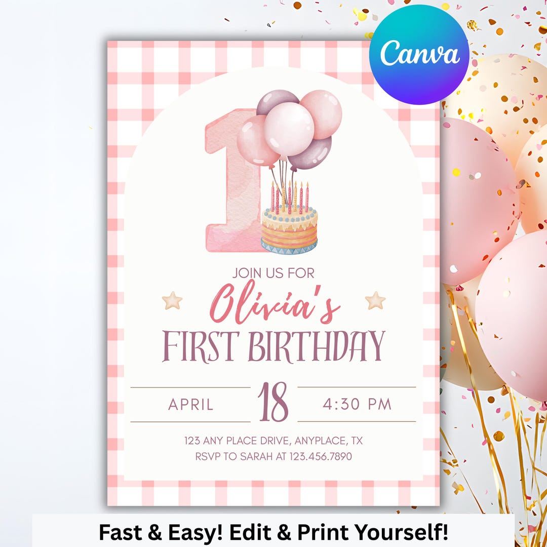 Pink Gingham 1st Birthday Invitation Girl | Editable Digital Template ...
