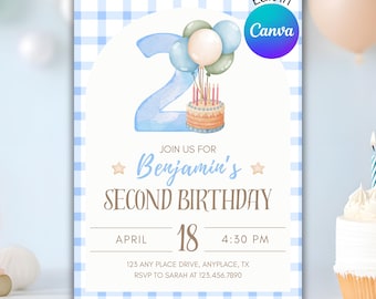 Blue Gingham 2nd Birthday Invitation | Editable Cake & Balloons (Digital Template)