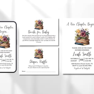 Een nieuw hoofdstuk babyshower-uitnodigingsbundel | Digitaal bewerkbare uitnodiging en uitnodiging | Boeken voor baby's | Luierloterij | Digitale uitnodiging | Boekthema