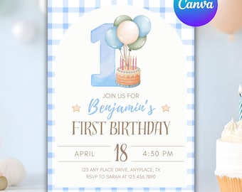 Blue Gingham 1st Birthday Invitation Boy | Balloon Cake (Digital Template)