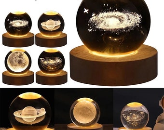 Lámpara de mesa con bola de cristal de galaxia con luz nocturna LED, lámpara de luna y planeta 3D