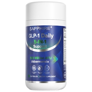 May include: A white and blue cylindrical bottle of Sapphire GLP-1 Daily 5-IN-1 Support capsules. The label includes text such as "500 Million AFU Akkermansia" and "Dietary Supplement". The bottle has a white cap.