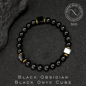 Premium Mens Bracelet • Black Obsidian and Black Onyx Cube Bracelet • Beaded Bracelet • Mens Jewelry • Gift Ideas • Mens Gift